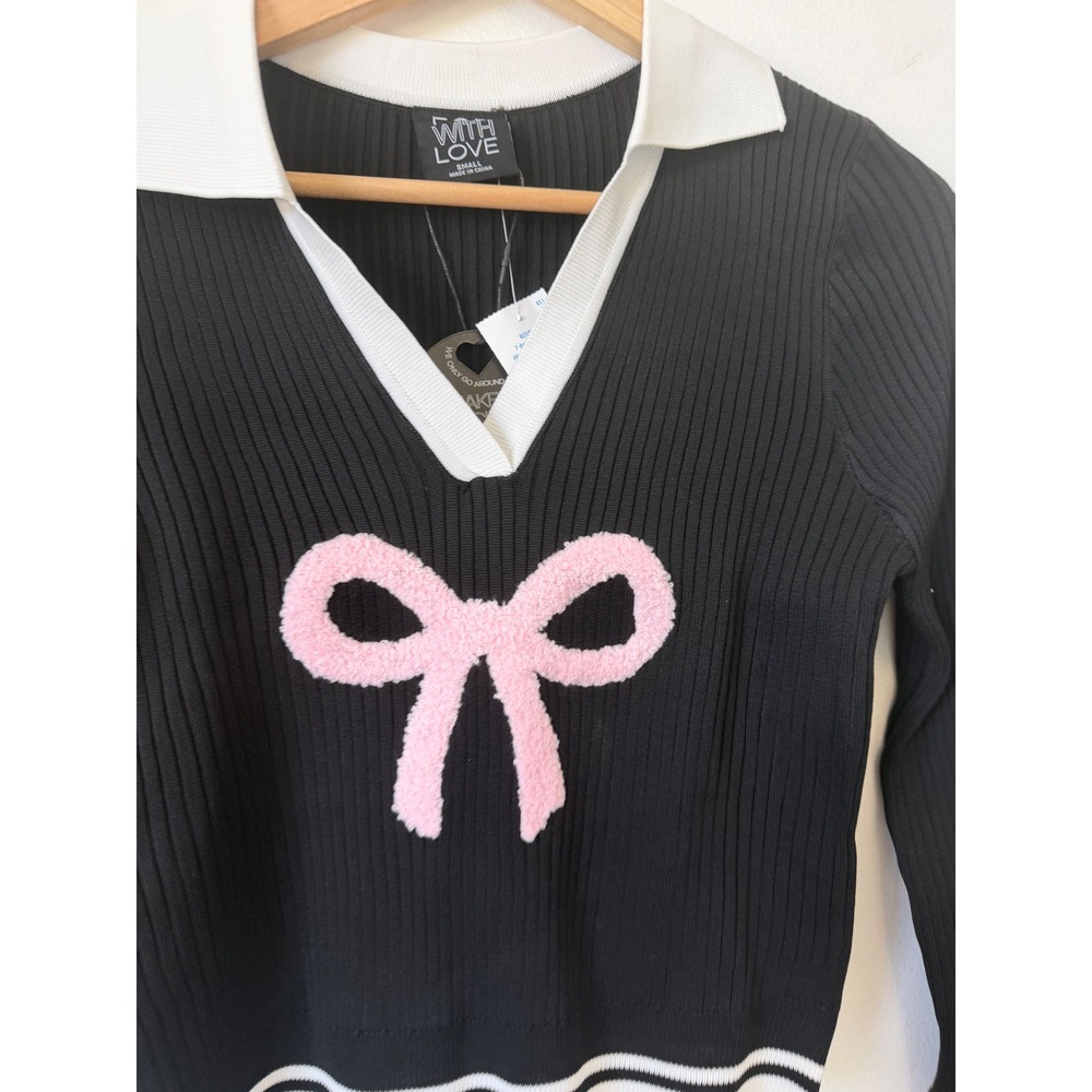 Forever 21 FCT With Love Collared Cropped Graphic Bow Sweater – Size Large - Picture 3 of 5